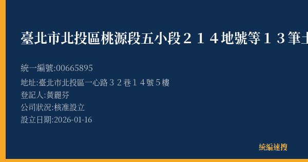 臺北市北投區桃源段五小段214地號等13筆土地更新單元都市更新會的照片-統編 00665895(臺北市) 公司登記資料與營業項目詳細圖表