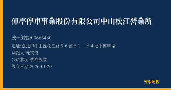 俥亭停車事業股份有限公司中山松江營業所的照片-統編 00666450(臺北市) 公司登記資料與營業項目詳細圖表