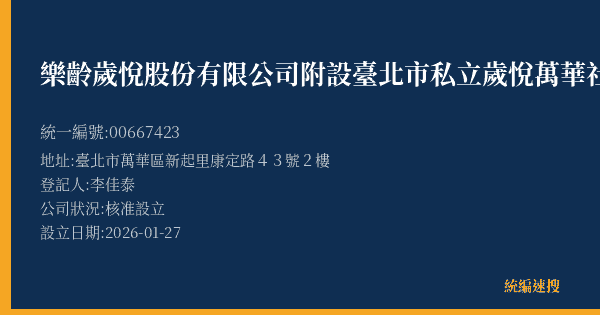 樂齡歲悅股份有限公司附設臺北市私立歲悅萬華社區長照機構的照片-統編 00667423(臺北市) 公司登記資料與營業項目詳細圖表