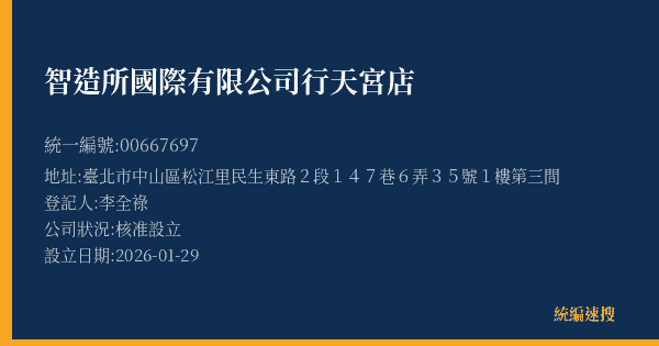智造所國際有限公司行天宮店的照片-統編 00667697(臺北市) 公司登記資料與營業項目詳細圖表