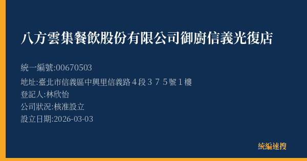 八方雲集餐飲股份有限公司御廚信義光復店的照片-統編 00670503(臺北市) 公司登記資料與營業項目詳細圖表