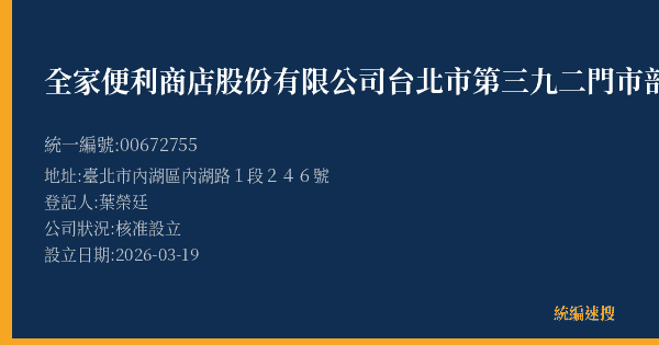 全家便利商店股份有限公司 台北市第三九二門市部的照片-統編 00672755(臺北市) 公司登記資料與營業項目詳細圖表