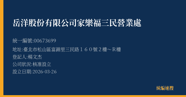 岳洋股份有限公司家樂福三民營業處的照片-統編 00673699(臺北市) 公司登記資料與營業項目詳細圖表
