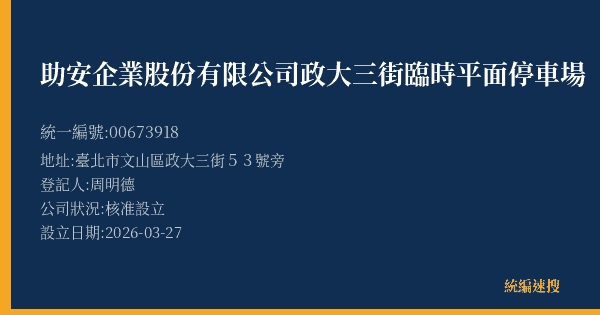 助安企業股份有限公司政大三街臨時平面停車場的照片-統編 00673918(臺北市) 公司登記資料與營業項目詳細圖表
