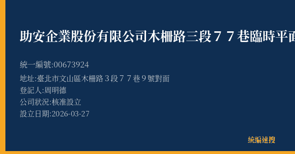 助安企業股份有限公司木柵路三段77巷臨時平面停車場的照片-統編 00673924(臺北市) 公司登記資料與營業項目詳細圖表