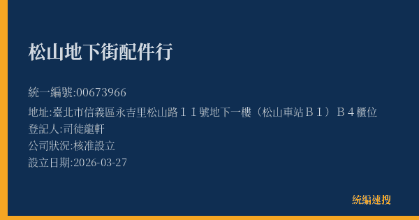 松山地下街配件行的照片-統編 00673966(臺北市) 公司登記資料與營業項目詳細圖表