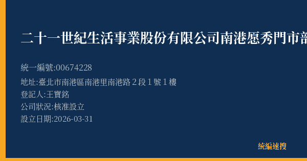 二十一世紀生活事業股份有限公司南港愿秀門市部的照片-統編 00674228(臺北市) 公司登記資料與營業項目詳細圖表