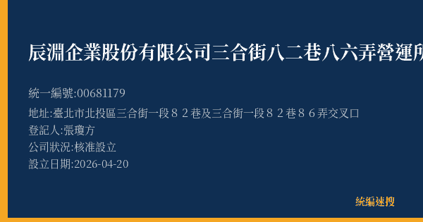辰淵企業股份有限公司三合街八二巷八六弄營運所的照片-統編 00681179(臺北市) 公司登記資料與營業項目詳細圖表
