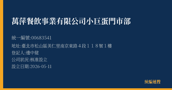 萬萍餐飲事業有限公司小巨蛋門市部的照片-統編 00683541(臺北市) 公司登記資料與營業項目詳細圖表