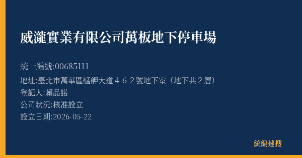 威瀧實業有限公司萬板地下停車場的照片-統編 00685111(臺北市) 公司登記資料與營業項目詳細圖表