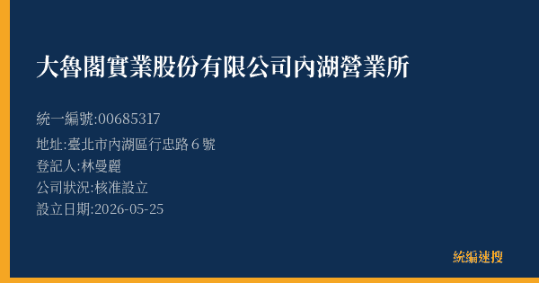 大魯閣實業股份有限公司內湖營業所的照片-統編 00685317(臺北市) 公司登記資料與營業項目詳細圖表
