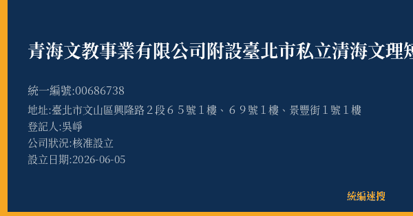 青海文教事業有限公司附設臺北市私立清海文理短期補習班景豐分班的照片-統編 00686738(臺北市) 公司登記資料與營業項目詳細圖表