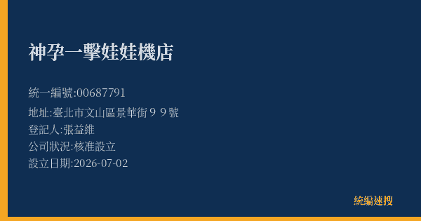 神孕一擊娃娃機店的照片-統編 00687791(臺北市) 公司登記資料與營業項目詳細圖表