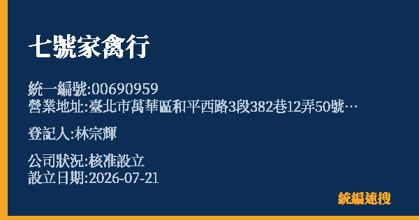 七號家禽行的照片-統編 00690959 公司登記資料與營業項目詳細圖表