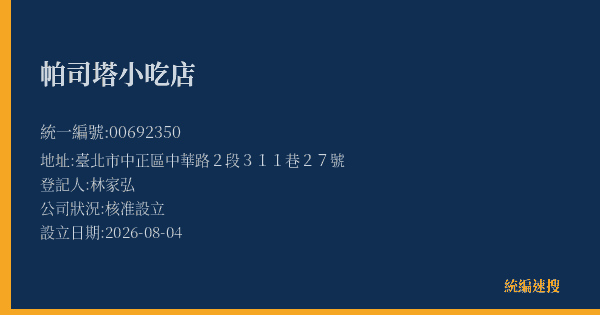 帕司塔小吃店的照片-統編 00692350(臺北市) 公司登記資料與營業項目詳細圖表