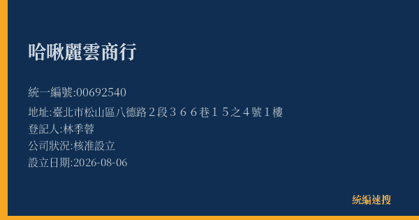 哈啾麗雲商行的照片-統編 00692540(臺北市) 公司登記資料與營業項目詳細圖表