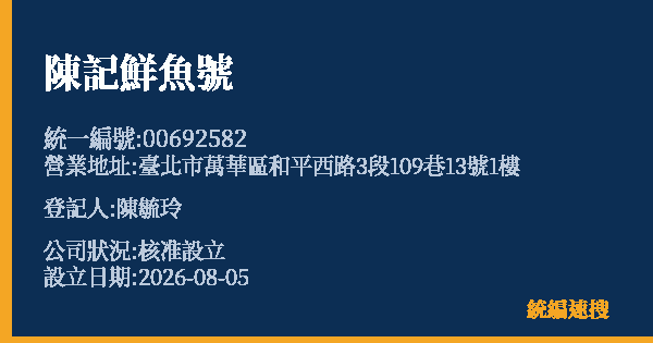 陳記鮮魚號的照片-統編 00692582 公司登記資料與營業項目詳細圖表