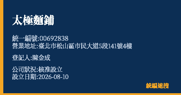 太極麵鋪的照片-統編 00692838(臺北市) 公司登記資料與營業項目詳細圖表