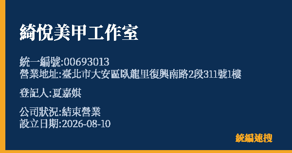 綺悅美甲工作室的照片-統編 00693013 公司登記資料與營業項目詳細圖表
