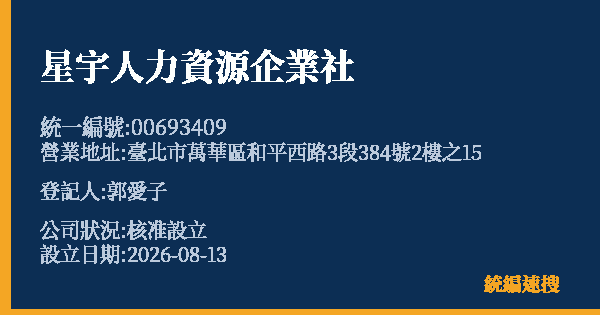 星宇人力資源企業社的照片-統編 00693409(臺北市) 公司登記資料與營業項目詳細圖表