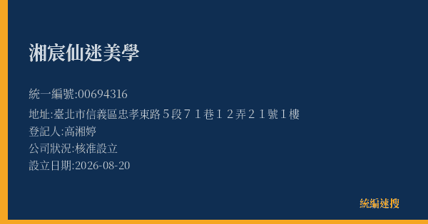 湘宸仙迷美學的照片-統編 00694316(臺北市) 公司登記資料與營業項目詳細圖表