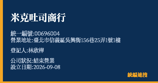 米克吐司商行的照片-統編 00696004 公司登記資料與營業項目詳細圖表