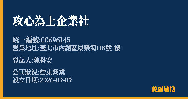 攻心為上企業社的照片-統編 00696145 公司登記資料與營業項目詳細圖表