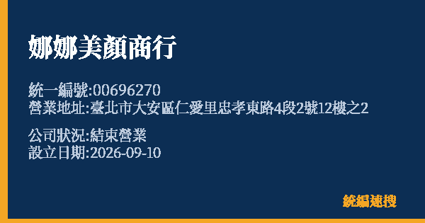 娜娜美顏商行的照片-統編 00696270(臺北市) 公司登記資料與營業項目詳細圖表