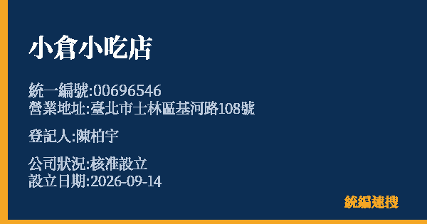 小倉小吃店的照片-統編 00696546(臺北市) 公司登記資料與營業項目詳細圖表