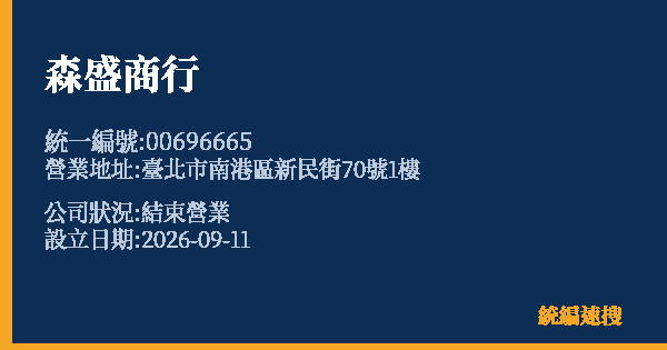 森盛商行的照片-統編 00696665(臺北市) 公司登記資料與營業項目詳細圖表