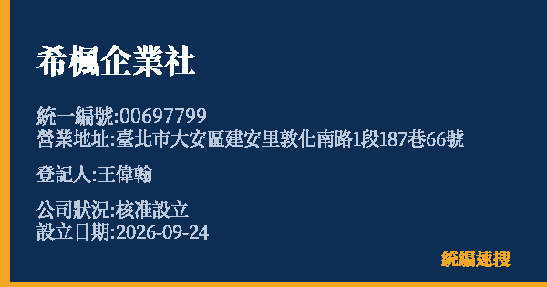 希楓企業社的照片-統編 00697799(臺北市) 公司登記資料與營業項目詳細圖表