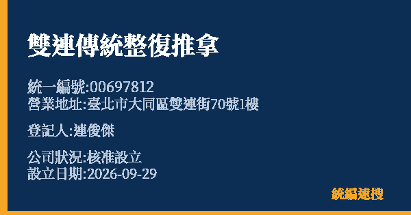雙連傳統整復推拿的照片-統編 00697812(臺北市) 公司登記資料與營業項目詳細圖表