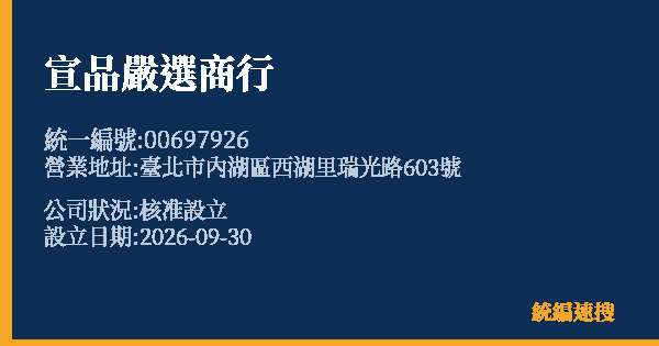 宣品嚴選商行的照片-統編 00697926(臺北市) 公司登記資料與營業項目詳細圖表