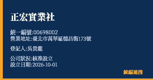 正宏實業社的照片-統編 00698002(臺北市) 公司登記資料與營業項目詳細圖表