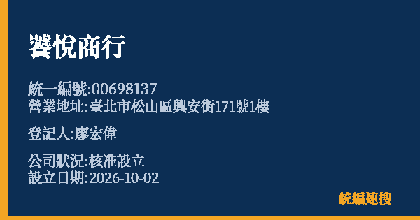 饕悅商行的照片-統編 00698137(臺北市) 公司登記資料與營業項目詳細圖表