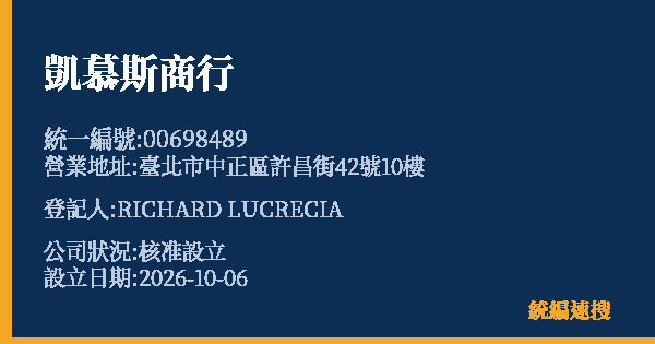 凱慕斯商行的照片-統編 00698489(臺北市) 公司登記資料與營業項目詳細圖表