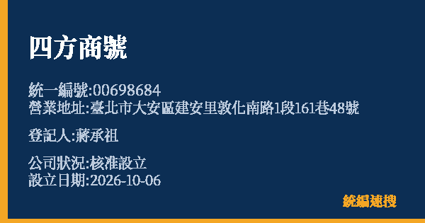 四方商號的照片-統編 00698684(臺北市) 公司登記資料與營業項目詳細圖表