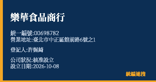 樂華食品商行的照片-統編 00698782(臺北市) 公司登記資料與營業項目詳細圖表