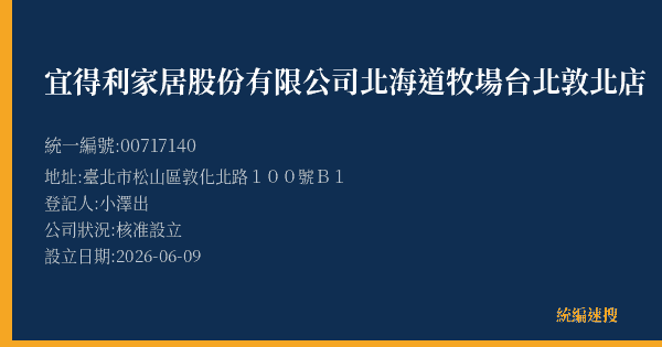 宜得利家居股份有限公司北海道牧場台北敦北店的照片-統編 00717140(臺北市) 公司登記資料與營業項目詳細圖表