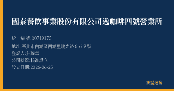 國泰餐飲事業股份有限公司逸咖啡四號營業所的照片-統編 00719175(臺北市) 公司登記資料與營業項目詳細圖表
