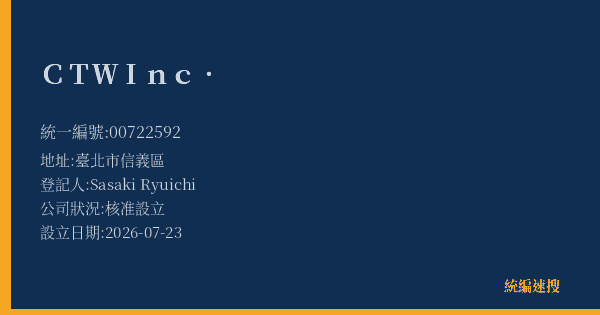 CTW Inc.的照片-統編 00722592(臺北市) 公司登記資料與營業項目詳細圖表
