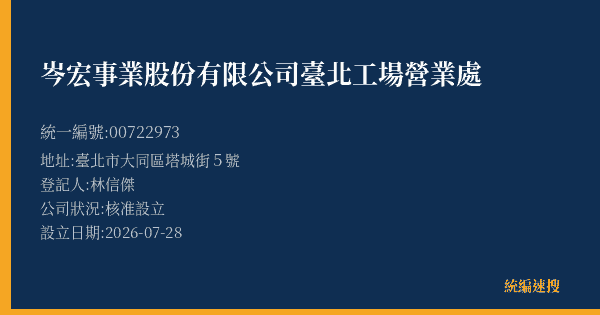 岑宏事業股份有限公司臺北工場營業處的照片-統編 00722973(臺北市) 公司登記資料與營業項目詳細圖表