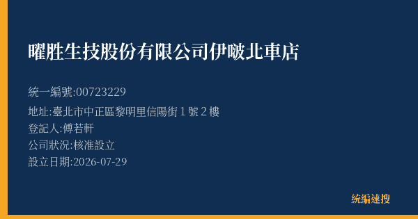 曜胜生技股份有限公司伊啵北車店的照片-統編 00723229(臺北市) 公司登記資料與營業項目詳細圖表