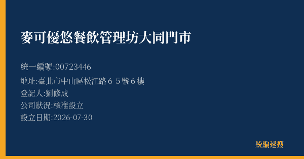 麥可優悠餐飲管理坊大同門市的照片-統編 00723446(臺北市) 公司登記資料與營業項目詳細圖表