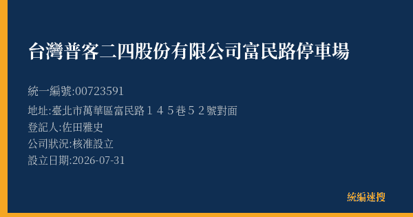 台灣普客二四股份有限公司富民路停車場的照片-統編 00723591(臺北市) 公司登記資料與營業項目詳細圖表