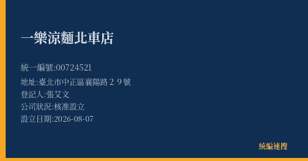 一樂涼麵北車店的照片-統編 00724521(臺北市) 公司登記資料與營業項目詳細圖表