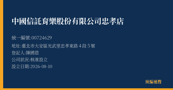 中國信託育樂股份有限公司忠孝店的照片-統編 00724629(臺北市) 公司登記資料與營業項目詳細圖表