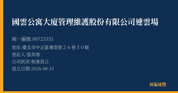 國雲公寓大廈管理維護股份有限公司連雲場的照片-統編 00725351(臺北市) 公司登記資料與營業項目詳細圖表