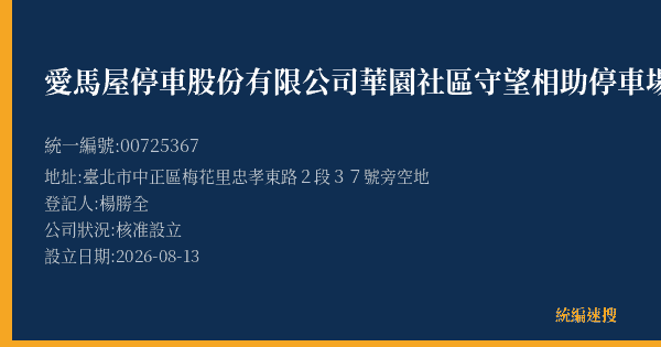 愛馬屋停車股份有限公司華園社區守望相助停車場的照片-統編 00725367(臺北市) 公司登記資料與營業項目詳細圖表