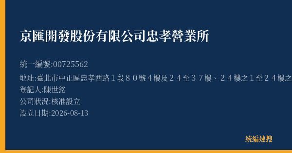 京匯開發股份有限公司忠孝營業所的照片-統編 00725562(臺北市) 公司登記資料與營業項目詳細圖表